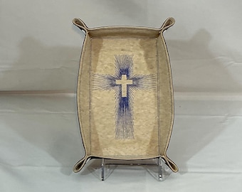 Medium Embroidered Cross Catchall Tray: Portuguese Cork & Faux Leather Travel Organizer 5x8