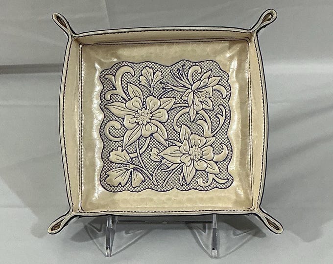 Elegant Catchall Tray with Trapunto Columbine Flowers - Large Snapped 6"x6" Square Design - Crocodile Pearl & Navy Faux Leathers