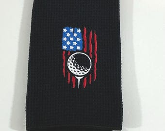 Patriotic American Flag Golf Bag Towel - Embroidered Black Microfiber Waffle Trifold with Golf Ball & Tee, 16x24