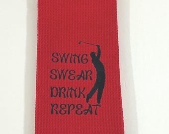 Embroidered Golf Towel - Swing Swear Drink Repeat | Trifold Red Microfiber 16"x24" Dad Gift