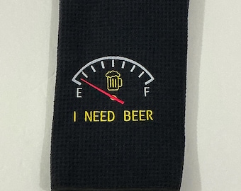 Golf Bag Towel-I Need Beer Embroidered Towel-Black-Microfiber-Tri-fold-Gag Gift-Sports Towel-Golf Accessory-Absorbent-Fathers Day-Absorbent