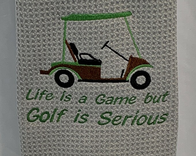 Embroidered Golf Towel: 'Life is a Game' Gray Microfiber Tri-Fold with Carabiner