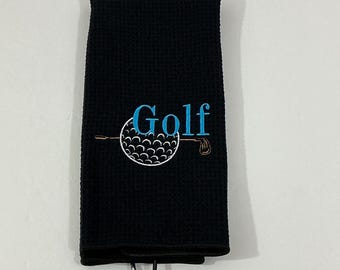 Black Golf Towel with Blue Embroidered Golf Word, Ball, and Putter-Microfiber-Tri-fold-Sports Towel-Golf Accessory-Absorbent-Fathers Day