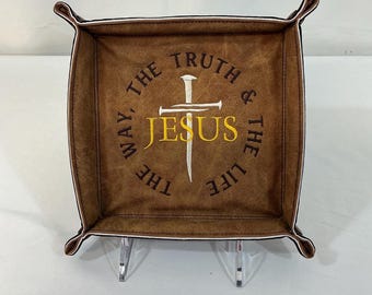 Embroidered Jesus is The Way Medium Travel Tray | Christian Desk Organizer, Dice Tray, Gift for Dad