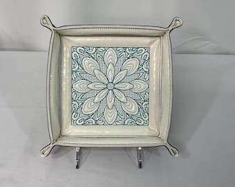 Floral Trapunto Embroidered Catchall Tray - Baroque Teal Design, Square Jewelry & Travel Organizer in Faux Leathers