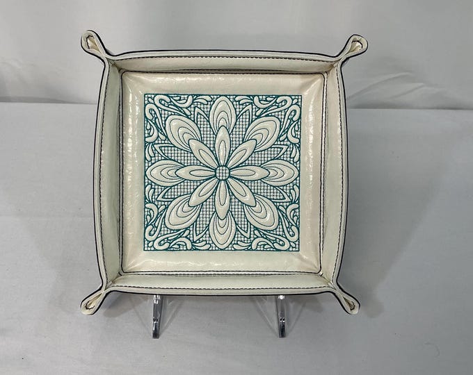 Floral Trapunto Embroidered Catchall Tray - Baroque Teal Design, Square Jewelry & Travel Organizer in Faux Leathers