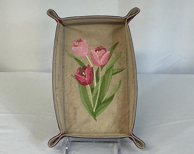 Large Embroidered Garden Tulip Blooms Travel Catchall Tray, Flowers Valet Tray For Her Lays Flat For Travel, Jewelry Dish