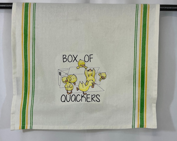 Quirky Box of Quackers Duck Towel | Embroidered Gag Gift for Duck Lovers | Humorous Kitchen Decor