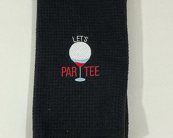 Let's Par Tee Golf Towel: Black Microfiber Waffle Pattern with Carabiner