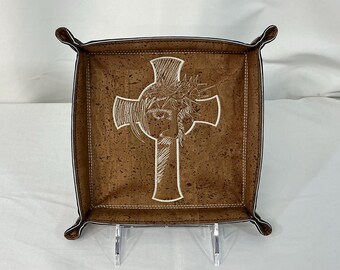Embroidered Jesus on Cross Medium Catch-All Tray | 6x6 Religious Gift, Jewelry Organizer & Valet Tray