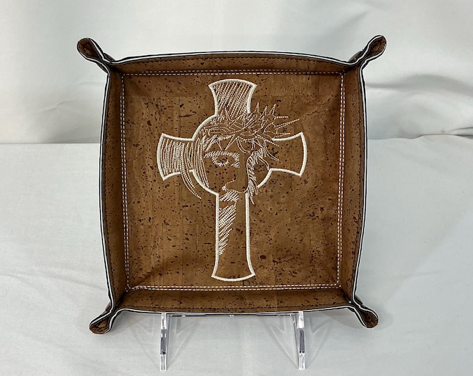 Embroidered Jesus on Cross Medium Catch-All Tray | 6x6 Religious Gift, Jewelry Organizer & Valet Tray