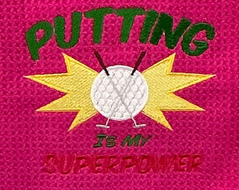 Pink Putting Is My Superpower Golf Towe: Tri-Fold-Women's Sports Towel with Carabineer