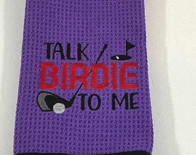 Talk Birdie To Me Golf Towel - Purple Microfiber with Carabineer & 1 Metal Grommet - 16x24 Waffle Pattern