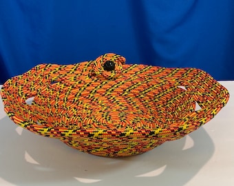 Unique Decor Piece-Handcrafted Rope Bowl with Orange-Black-Yellow Round Swirl Pattern-Decorative Button Accent - 14.5" W x 14.25" L x 3.75"