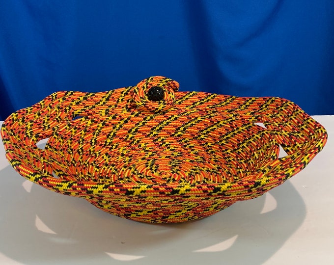 Unique Decor Piece-Handcrafted Rope Bowl with Orange-Black-Yellow Round Swirl Pattern-Decorative Button Accent - 14.5" W x 14.25" L x 3.75"