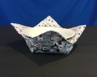 Microwave Bowl Cozy-Black & White Cats w/Red Collars-Eiffel Tower w/Gray Paw Prints-Medium 6" Bottom-10" Top-Hot Bowl/Ice Cream Pad Gift