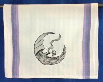Kitchen Towel – Java Gnome In The Moon,  28" X 20", Gnome Lover, Embroidered Towel, Kitchen Decor, Gnome Gift, Back Hanging Tab