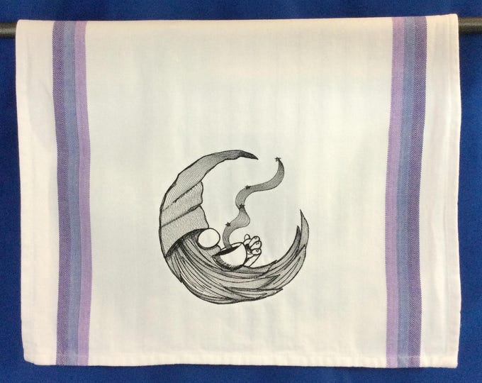 Kitchen Towel – Java Gnome In The Moon,  28" X 20", FREE SHIPPING, Embroidered Towel, Back Hanging Tab