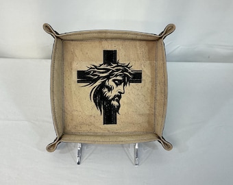 Embroidered Catchall Tray: Jesus, Cross, Crown of Thorns, Travel Organizer, Valet Tray, Religious, Cross