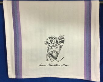 Embroidered Dog Kitchen Towel: Never Adventure Alone, Back Hanging Tab