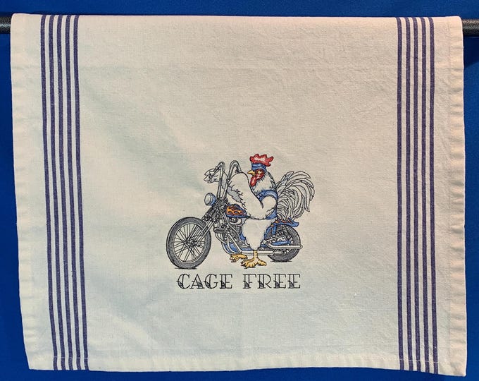 Embroidered Motorcycle Chicken Kitchen Towel , Funny Gift for Chicken Lovers, Soft and Absorbent, Motorcycle Enthusiast, Cage Free Chicken
