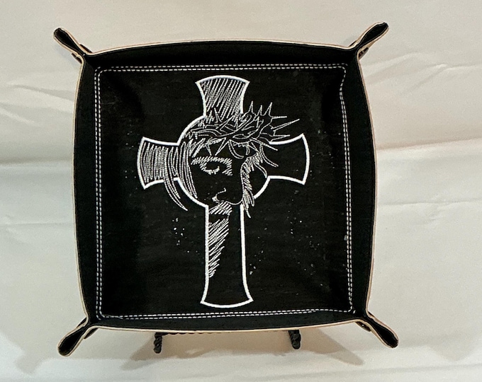 Travel Organizer - Large Embroidered Jesus on the Cross Tray in Black Cork & Gold Faux Leather
