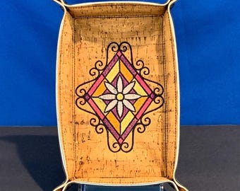 Large Embroidered Daisy Valet Tray - Rustic Yellow Cork, 5x8 Catch All for Jewelry & Travel