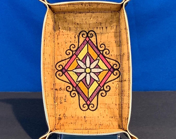 Large Embroidered Daisy Valet Tray - Rustic Yellow Cork, 5x8 Catch All for Jewelry & Travel