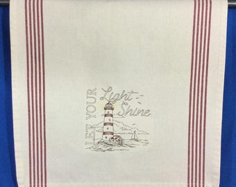 Kitchen Towel - Lighthouse - Let Your Light Shine Embroidered Towel, Inspiring Saying Towel, 18" x 28" 100% Recycled Cotton-Back Hanging Tab