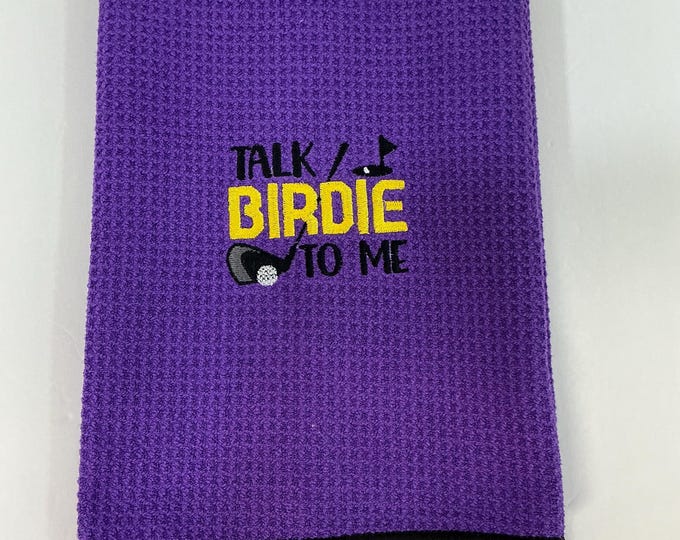 Funny Embroidered Purple Golf Towel - 'Talk Birdie To Me' | Unique Golf Accessories for Her
