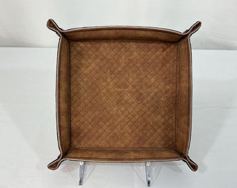 Embroidered Crosshatch Catchall Tray | Brown Faux Leathers | Travel Dice Tray | Easy to Clean & Pack Flat