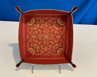 Butterfly Kaleidoscope Travel Valet Tray: Red Cork & Gold Faux Leather Catchall with Snaps