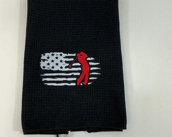 Patriotic Black Golf Towel - Embroidered American Golfer Design | Accessory for Golf Bags with Carabineer