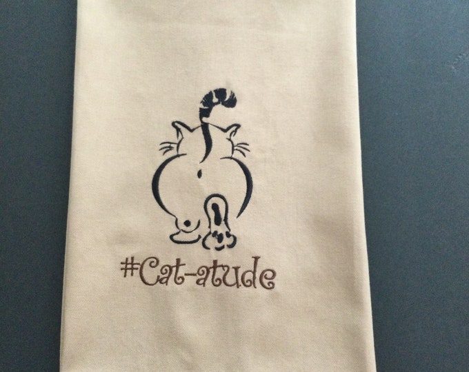 Kitchen Towel - Cat Towel - #Cat-atude, Funny Image; Funny Saying-Free Shipping-Towel-Dish Towel-Gift Towel-Back Hanging Tab-Cat Lover Towel