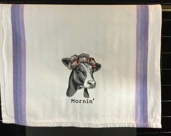 Mornin' Cow Embroidered Kitchen Towel, Funny Image and Saying, Kitchen Tea Towel, Cow Lover, Cow Kitchen Decor, Gag Gift, Cow Hand Towel