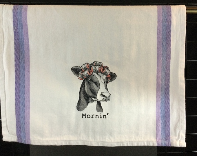 Mornin' Cow Embroidered Kitchen Towel, Funny Image and Saying, Kitchen Tea Towel, Cow Lover, Cow Kitchen Decor, Gag Gift, Cow Hand Towel