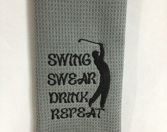 Golf Bag Towel-Swing Swear Drink Repeat-Tri-Fold Microfiber Sports Towel including Carabineer-3 Metal Grommets-Waffle Pattern Size: 16"x24"