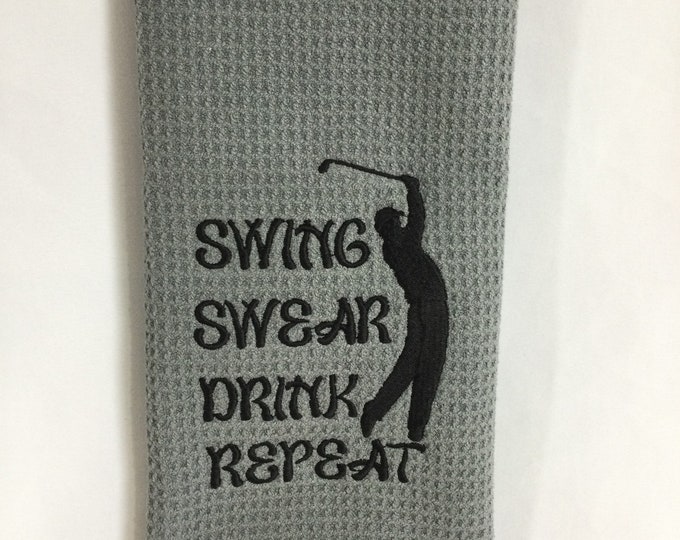 Golf Bag Towel-Swing Swear Drink Repeat-Tri-Fold Microfiber Sports Towel including Carabineer-3 Metal Grommets-Waffle Pattern Size: 16"x23"