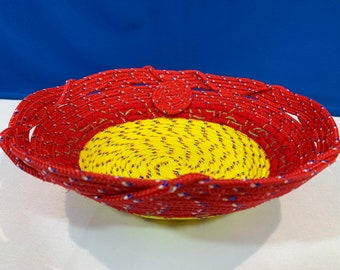 Rope Bowl-Round Multi-Colored Rope Bowl-Decorative Inside Rope Coil-Diamond Braided Poly Rope-10.5" W-10.25" L-3" D, Partial Fabric Wrap