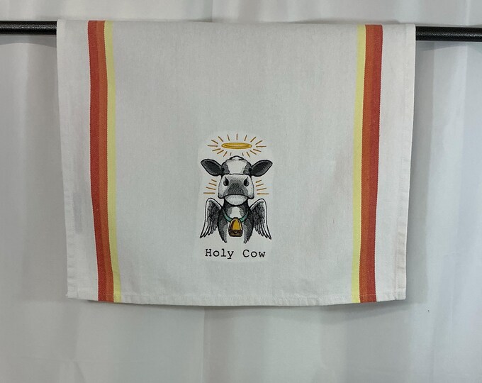 Funny Holy Cow Tea Towel | Embroidered Kitchen Decor | Perfect Housewarming Gift for Friends