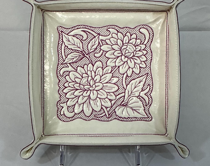 Floral Valet Tray | Dahlia Trapunto Catchall Design | Flat Folding Travel Organizer; Medium Dice Tray & Jewelry Organizer
