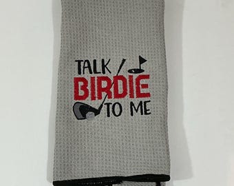Talk Birdie To Me Golf Bag Towel - Light Gray Tri-Fold Soft Microfiber Sports Towel including Carabineer-3 Metal Grommets-Waffle Pattern