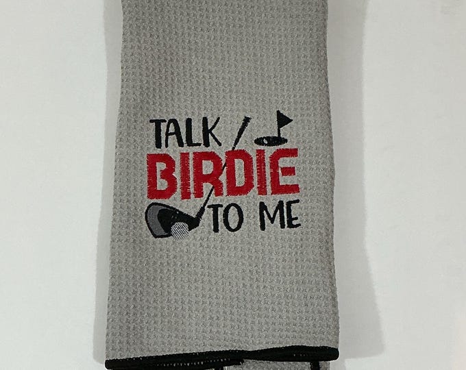 Talk Birdie To Me Golf Towel: Light Gray Microfiber Waffle Pattern