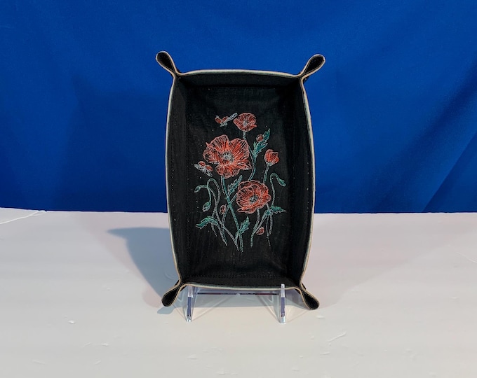 Poppies and Ladybugs Snap Catchall Tray, 4x7 Medium Catchall Organizer-Black & Red Fan Leaf Portuguese Cork Fabrics, Jewelry Travel Tray