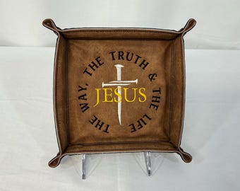 Embroidered Jesus is The Way, The Truth and The Life Medium Religious Travel Tray, Biblical Verse, Groomsmen, Faux Leather Christian Gift