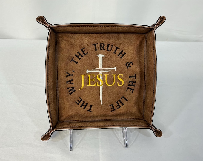 Embroidered Jesus is The Way, The Truth and The Life Medium Religious Travel Tray, Biblical Verse, Groomsmen, Faux Leather Christian Gift