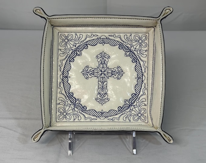 Cross Trapunto Valet Tray: White and Navy Faux Leather Catchall Organizer