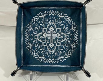 Faith-Based Large Travel Organizer with Spring Botanical Cross on Navy Portuguese Cork and Faux Leather
