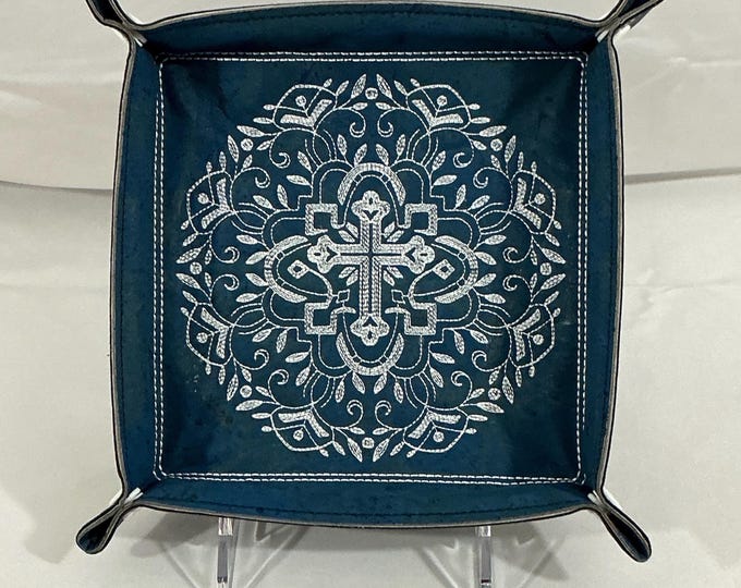 Faith-Based Large Travel Organizer with Spring Botanical Cross on Navy Portuguese Cork and Faux Leather