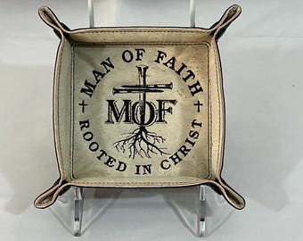 Small Man of Faith Cork Catchall Tray: Religious Travel Organizer with Snaps made with White Portuguese Cork and Black Faux Leather